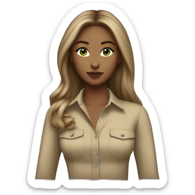 light tan skin, high cheekbone, solo dark blonde girl with green eyes,long sleeve shirt, skinny, long blow out hair, baddie, middle part, sultry sticker