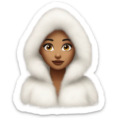 Tanned Girl with lashes ,  in an extremely big fluffy oversized white fur coat with hood on. The fur is real and it’s very obvious big and fluffy like in Pinterest  sticker