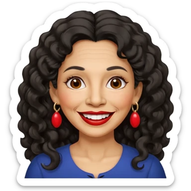 60 yr old peruvian woman, wavy/curly long black hair, red lipstick, big smile, white teeth, brown eyes, hoop earings, side part to hair, round face sticker