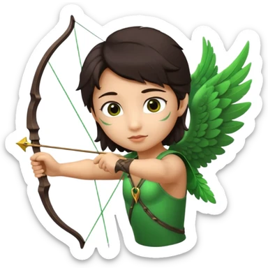 cupid flying with wings asian with brown eyes and dark hair handled bow and arrow directed to green emoji heart sticker