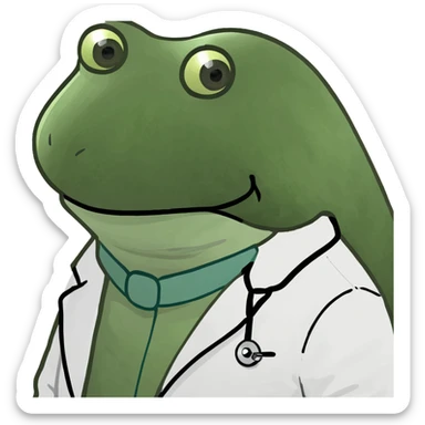 bufo frog in a doctor's coat, sad expression, facing forward sticker