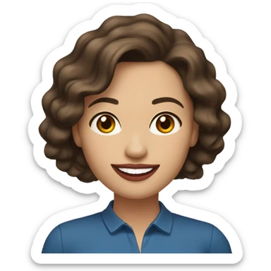 A headshot of a cheerful woman in her 30s with light skin, shoulder-length wavy dark brown hair, and a round face with prominent cheekbones. She has hazel eyes, full lips with red lipstick, and a warm, friendly smile. She's wearing a blue shirt. sticker