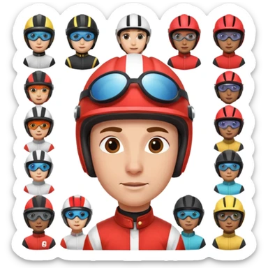 diverse horse race jockey portraits, head and shoulders only, different skin tones, different helmet colors, racing goggles, 3D cartoon, mobile game icon style, clean background, no text, no watermark
 sticker