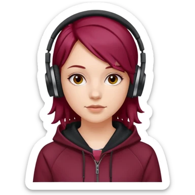 white girl with burgundy hair, deportive hoodie and black headphones sticker