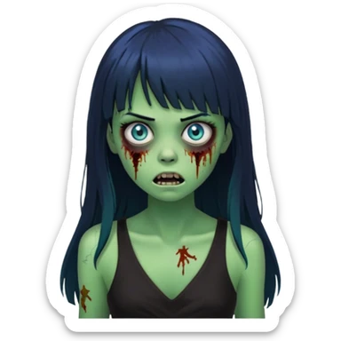 faça uma garota na forma de zumbi com a pele verde, assustada e com os olhos azuis, com o cabelo bem preto com franja e longo e a roupa decotada preta sticker