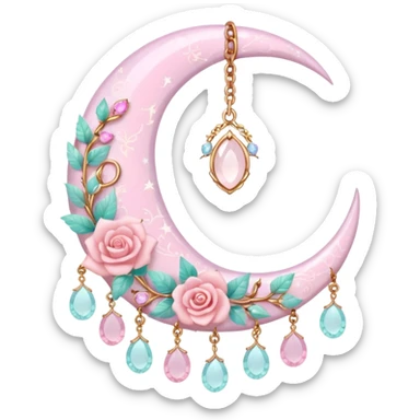 Rosy shiny glossy sparkly romantic pastel crescent damask moon with rose quartz pastel vines pastel gems pastel beads with feathers and chains  sticker