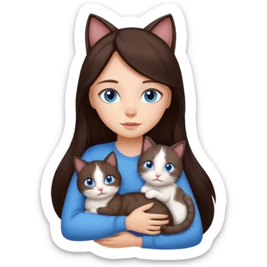 a girl with long dark 
brown hair, with blue eyes, hugs 3 different natural coloured cats sticker