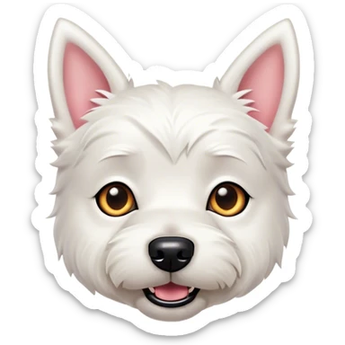 Cinematic Comical West Highland White Terrier Portrait Emoji, Head tilted dramatically with an exaggeratedly shocked or amused expression, featuring a sleek, pristine white coat with perky ears and wide, expressive dark eyes filled with playful disbelief, Simplified yet hilariously expressive features, highly detailed, glowing with a slightly sassy glow, high shine, dramatic yet playful, stylized with an air of cheeky mischief, bright and endearing, soft glowing outline, capturing the essence of a spirited and over-the-top companion, so meme-worthy it feels like it could side-eye its way into internet fame instantly! sticker