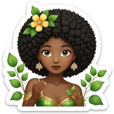 Dreamy diamond nature fairy with brown eyes Afro black hair dark skin touching a flower vine and rhinestone dancing sticker