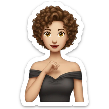 white woman-designer with brown curly hair, wears Off Shoulder Batwing Tank makes heart with her finger sticker