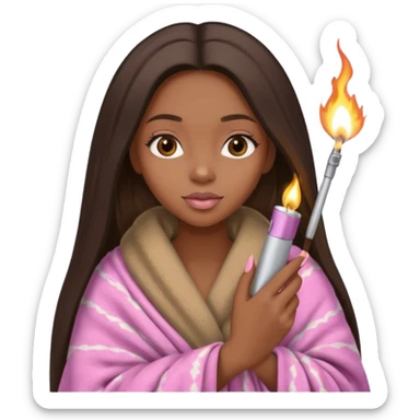 Curvy, light brown long hair, pretty black girl light pink lipgloss wrapped in blanket holding a lighter and blunt sticker