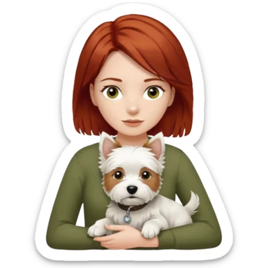 Westhighland white terrier dog being held by woman with dark shoulder length red hair and hazel eye wearing olive green top sticker