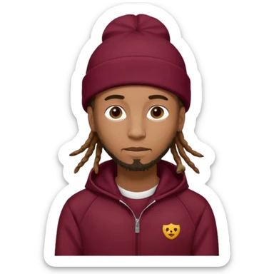 Animate a caramel skinned male with brown dreads and a tan beanie with a burgundy tracksuit on with no beard  sticker