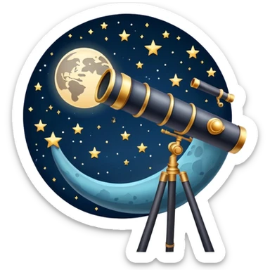 An icon featuring a telescope, stars, and a planet, symbolizing astronomy. The design includes a crescent moon, distant galaxies, and constellations, representing the study of space and celestial bodies. Transparent background highlights the exploration of the universe and cosmic phenomena. sticker