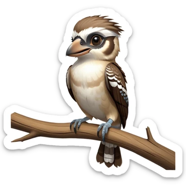 cinematic-kookaburra-realistic-full-body-perched-emoji,-compact-sturdy-frame-balanced-on-a-weathered-branch,-brown-and-white-feathered-wings-folded-neatly,-bold-striped-face-with-a-mischievous-glint-in-its-eye,-massive-sharp-beak-slightly-open-as-if-ready-to-laugh,-simplified-yet-realistic-focused-features,-highly-detailed,-glowing-with-a-warm-golden-light sticker