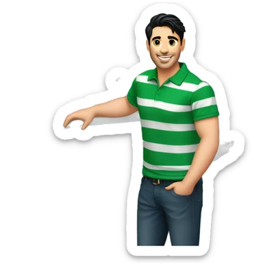 smiling handsome guy with black hair wearing green and white stripped polo tshirt standing near railing of a cruise ship with sea in the background. sticker
