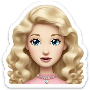 girl blonde hair pale skin blue eyes. Pink lips blush skinny nose siren eyes (model face) (but not too much). Vintage blowout with long hair not curly.  light pink dress, puffed sleeves, dainty choker necklace (think Versailles but not too much).  sticker