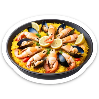 cinematic-realistic-paella-dish-emoji,-depicted-as-a-vibrant,-aromatic-rice-dish-loaded-with-seafood,-chicken,-and-saffron-rendered-with-rich-textures-and-dynamic,-warm-lighting with a lemon slice in the middle sticker
