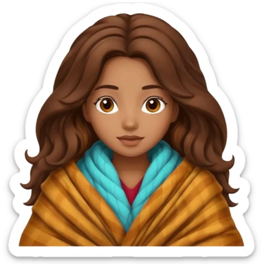 Cozy mixed girl with long wavy hair wrapped in blanket for fall sticker