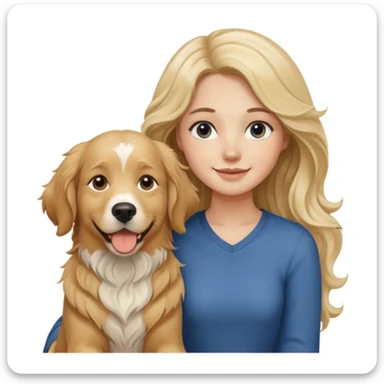 20-year-old woman with very long, wavy, blonder dirty blonde hair with brown highlights and dark blue eyes, sitting beside an English cream golden retriever, sunset background, relaxed and happy mood sticker
