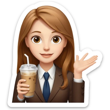 Women in front of laptop with a happy face, long light brown hair, light brown big eyes, light pale skin with a iced coffee on the side, business attire sticker