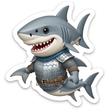 Anthropomorphic shark wearing a gambeson and chainmail coif with messy black hair smiling sticker
