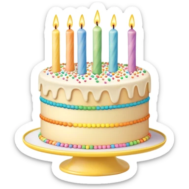  beige and white vanilla birthday cake with candles and rainbow sprinkles, on a yellow cake stand sticker