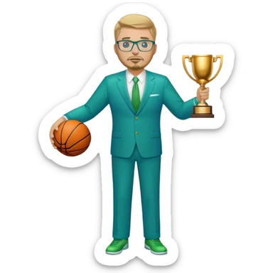 Full Body white plus size man  wearing glasses with a goatee with dirty blond short hair basketball head Coach in blue and green suit holding trophy sticker
