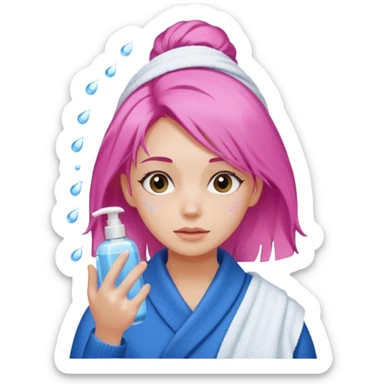A girl grabbing a pink hair serum with a white shower towel in her hair with skincare on her face dressed in a blue sweater sticker