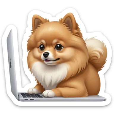 A cute Pomeranian dog working on a MacBook, side view, focused expression sticker