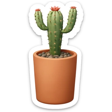 A ceramic pot in a pastel terracotta color, shaped like a cylinder, with a tall pot containing a desert cactus. sticker