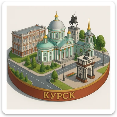 Изометричная, яркая, детализированная и фотореалистичная иллюстрация панорамы города Курска на круглой подставке, Знаменский собор, здание Дворянского собрания, Триумфальная арка в стиле 3D-коллажей городов, чёткие линии, слегка мультяшная стилистика, прозрачный фон, не обрезать края картинки sticker