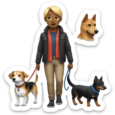 Me walking with two dogs. One is black male dachshund with blue collar and leash. The other one is a female like a shiba inu, but more messy and hairy. Has black bandana collar sticker