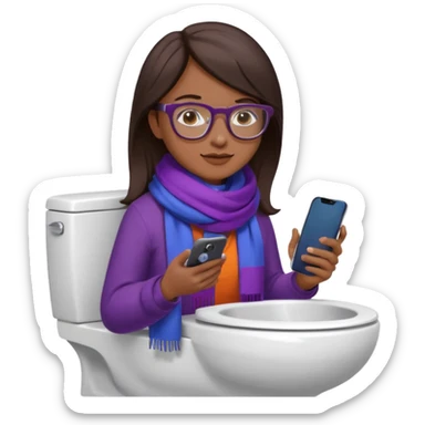 Fille châtain foncé avec lunettes. Elle porte une grosse écharpe violette, bleu et orange. Elle assise dans une cuvette de toilette. Téléphone en main. Realiste sticker