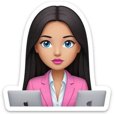 Glamours tanned very beautiful girl with very pump nude lips and black straight smooth long hair, blue eyes and pink blazer vest with MacBook  sticker