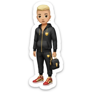 Capelli rasati ai lati con sfumatura, sopra corti e fissati con gel. Look curato e deciso. Indossa tuta firmata (Nike, Adidas, Lacoste, EA7) o jeans skinny, scarpe vistose come Air Force 1. Sempre presenti borsello a tracolla e collana d’oro E tatuaggi d’appertutto a mezzo busto sticker