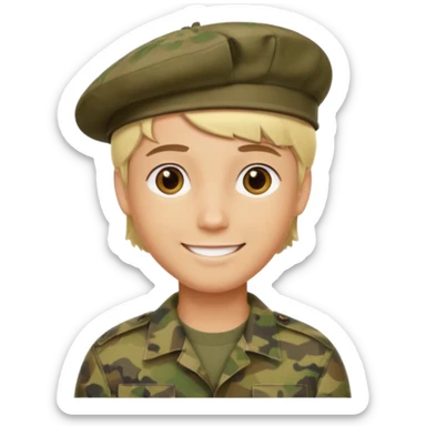 a soldier with short blonde hair in camo man in a beret  sticker