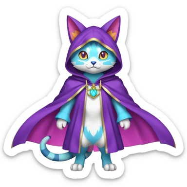 Colorful neon glowing abyssal gatomon-purloin-feline-Fakemon-Digimon-creature wearing a cool cloak cape hoodie and apparels fursona (full body)  sticker