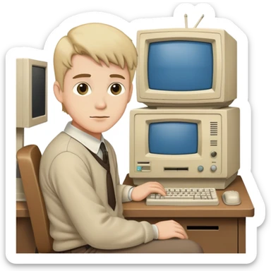 Young man sitting at a very old desktop computer from the 1990s with CRT monitor and beige tower sticker