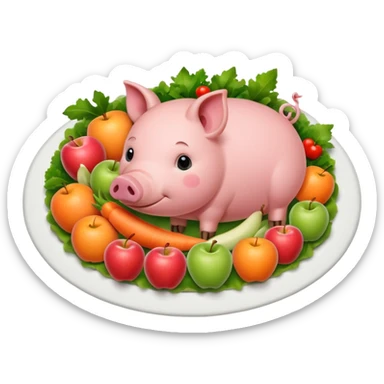 A pig side view nested over a white dish with an apple on his mouth, rounded by vegetables. No human expression sticker