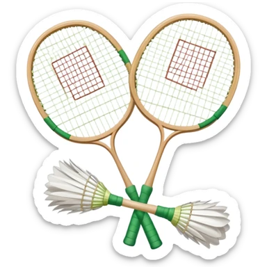 Two crossed badminton rackets with a shuttlecock resting in between, set against the faint outline of a badminton court. The image highlights the tools of the sport, with a subtle emphasis on the court's net and boundaries, symbolizing competition and skill. sticker