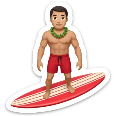 Dark-haired tan muscular 50 year old man with red shorts and shell lei surfing sticker