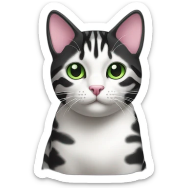 Black and white tabby cat with green eyes and pink nose sticker