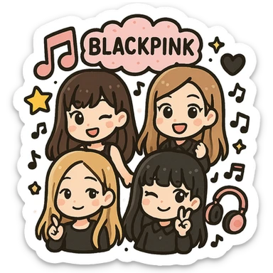 Blackpink K-pop girl group four members cartoon style pink and black theme fun playful music vibe group illustration sticker
