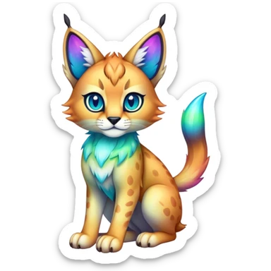 An iridescent transparent luminescent colorful chibi cute lynx-caracal-serval-fakemon-creature-hybrid sticker