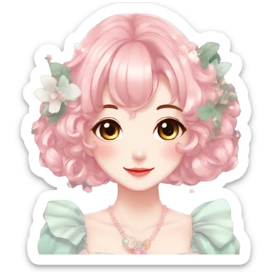Gorgeous anime style lady with blushing face and accessories cottagecore fairycore Kawaii anime colorful pearly romantic aesthetic trending style sticker