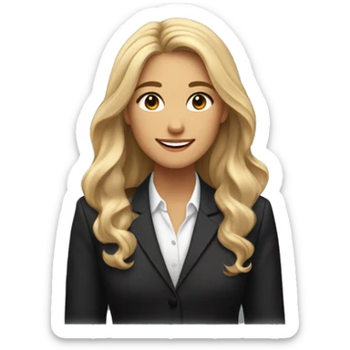 A professional young woman with long, wavy blonde hair, brown eyes?dressed in a black blazer over a white blouse,  She has a warm, closed smile, with a well-lit, polished look.  sticker