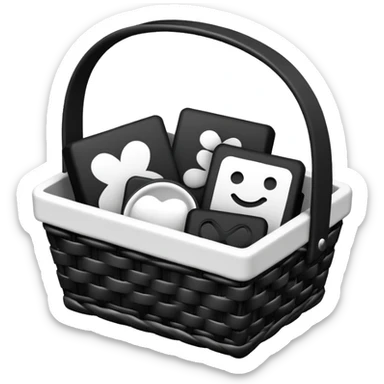 black and white small gift basket with hardly anything it but 3 things and the gift basket color white and black sticker