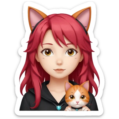 cute anime girl with ears, red blowing hair sticker