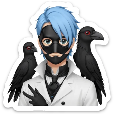 Handsome sexy adult anime man with light-blue hair and a black bird beak mask that covers whole face, black face mask, black mouth mask, black feathers draped over shoulder, wearing a white lab coat, long thin hair tendrils on the sides, with a mechanical raven sidekick, blue cravat, red eyes sticker